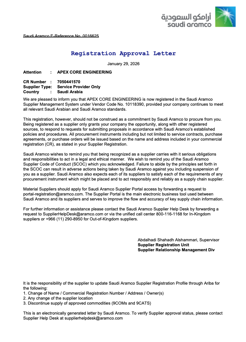 Apex Core Engineering - Aramco Approval